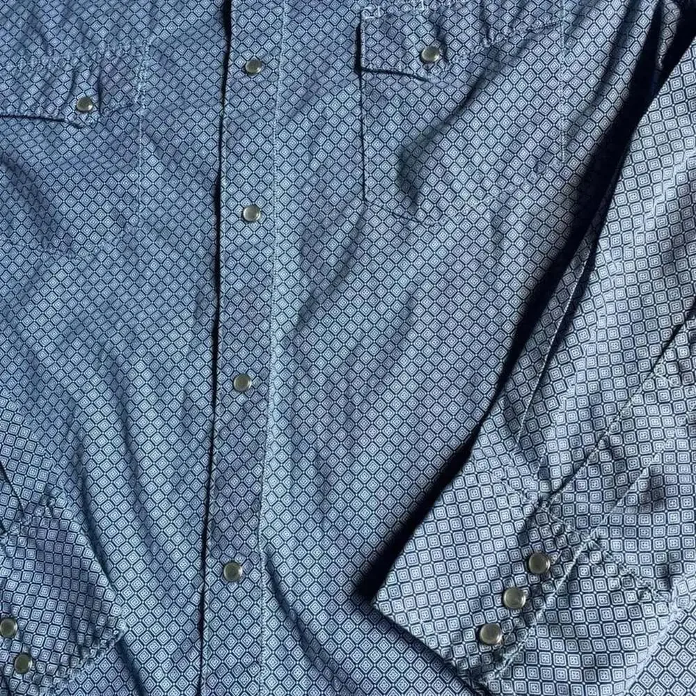 Wrangler Pearl Snap Shirt Mens XL Diamond Geometric Western Blue White